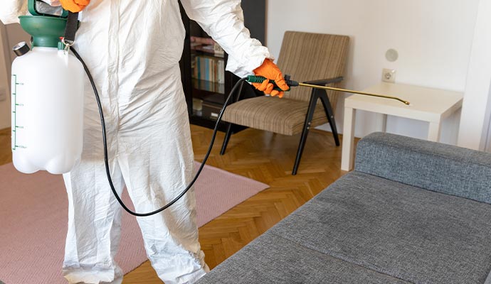 professional man in wear protective suit with disinfecting residential home